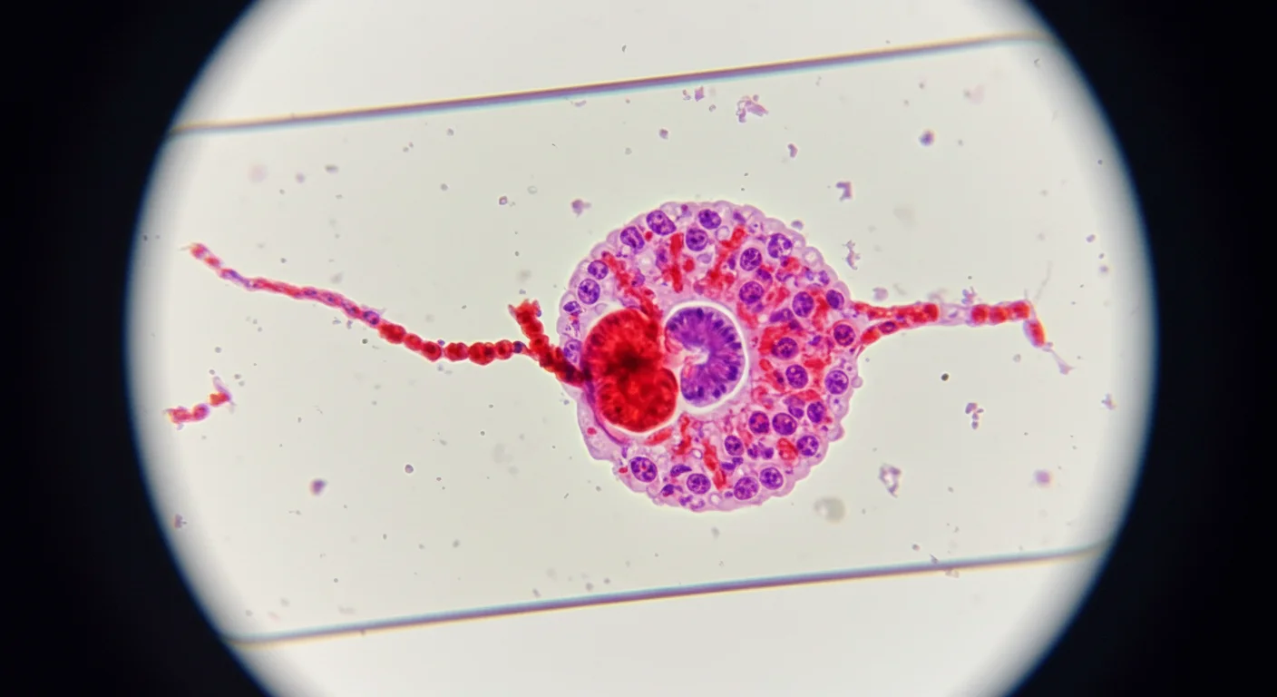 Microscopic view of malaria parasites on a stained slide for lab testing