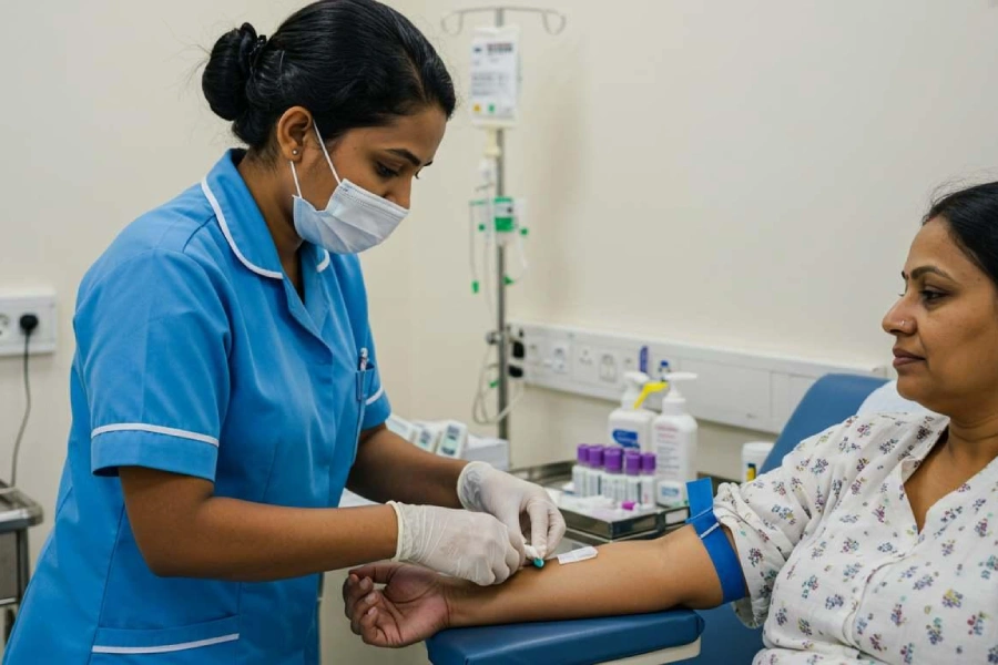 Nurse drawing a blood sample from a patient