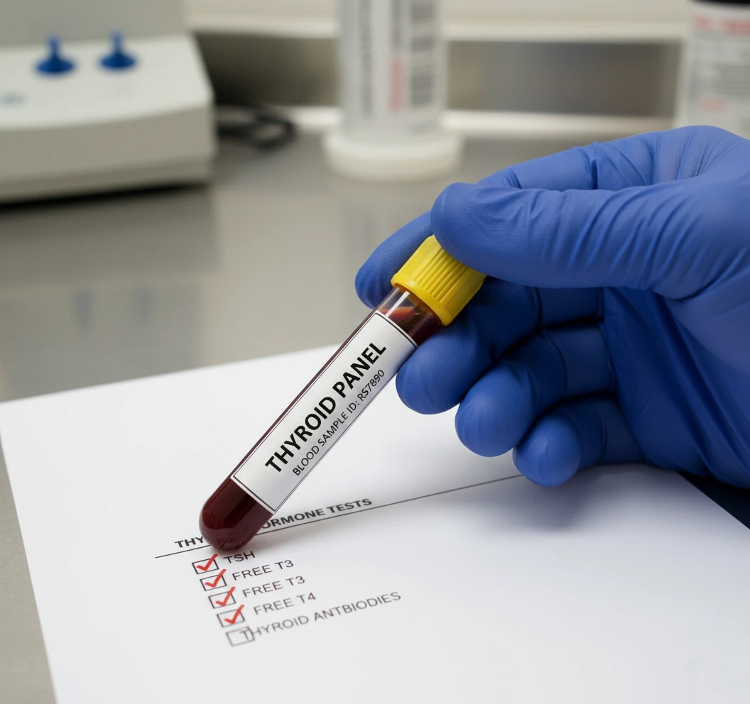 Gloved hand holding a thyroid panel blood tube
