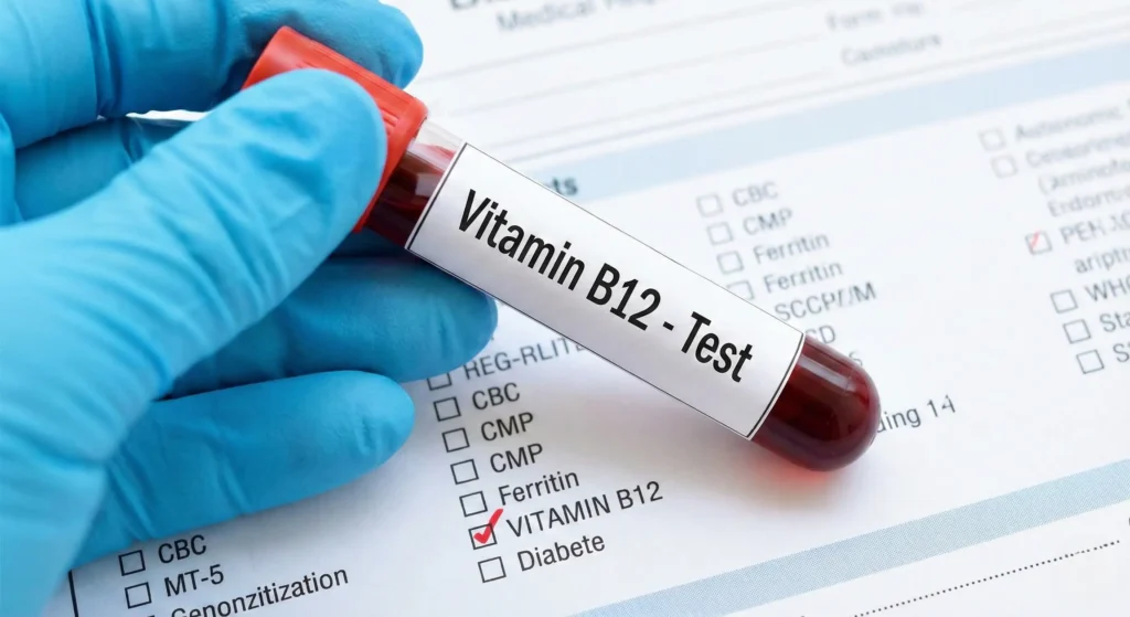 Vitamin B12 test tube held over a request form