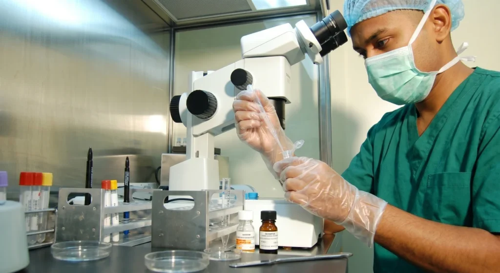 Technician examining a sample under a stereo microscope
